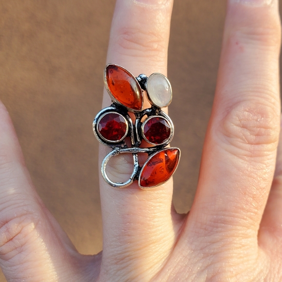 New Amber, Garnet & Rainbow Moonstone 925 Silver Ring. - Picture 14 of 16